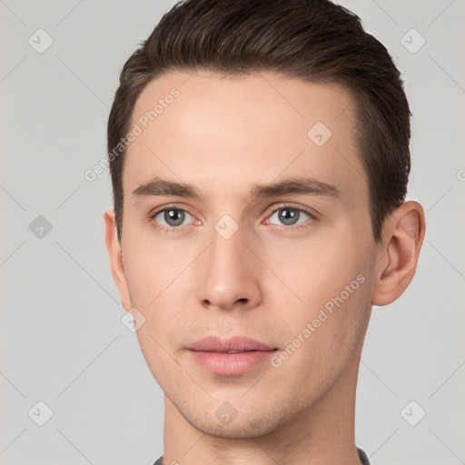 Neutral white young-adult male with short  brown hair and brown eyes