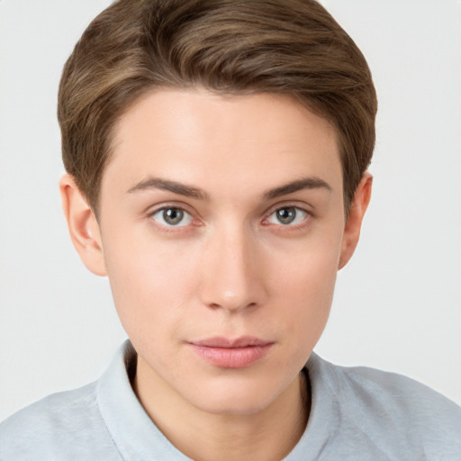 Neutral white young-adult female with short  brown hair and brown eyes