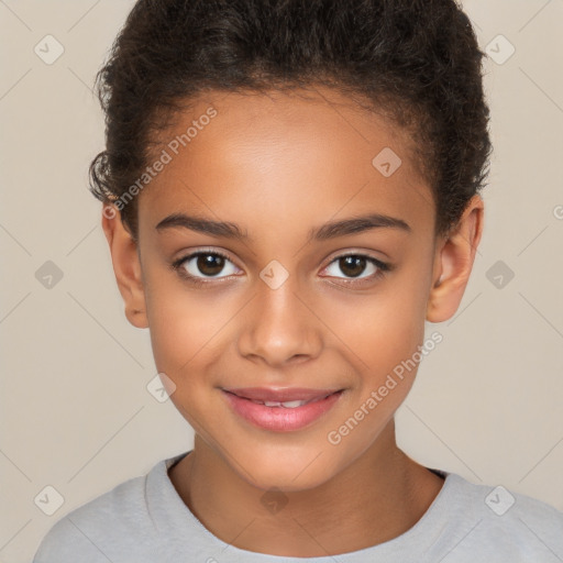 Joyful white child female with short  brown hair and brown eyes