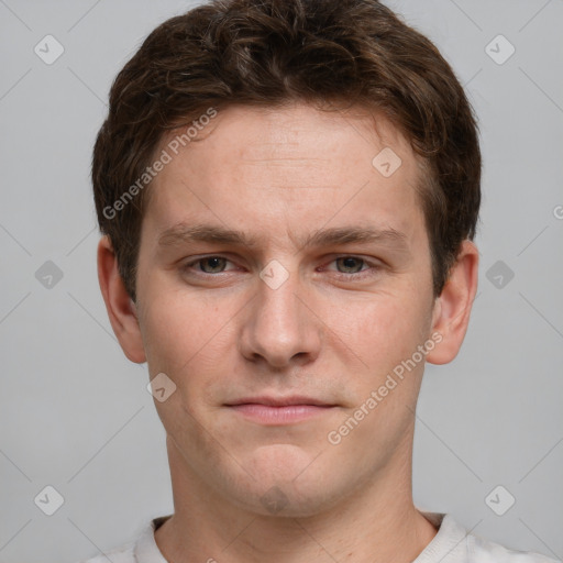 Neutral white young-adult male with short  brown hair and grey eyes