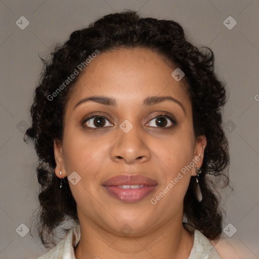 Joyful black young-adult female with medium  brown hair and brown eyes