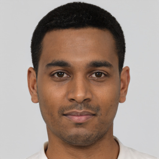 Neutral black young-adult male with short  black hair and brown eyes
