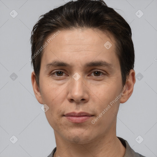 Neutral white adult male with short  brown hair and brown eyes