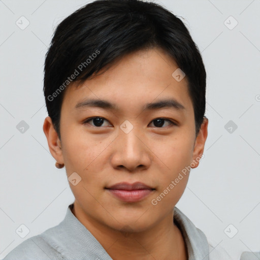 Neutral asian young-adult male with short  black hair and brown eyes