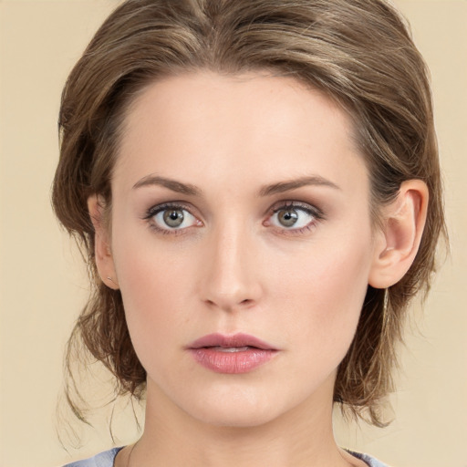 Neutral white young-adult female with medium  brown hair and blue eyes