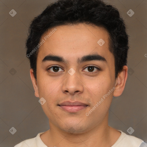 Neutral latino young-adult male with short  black hair and brown eyes