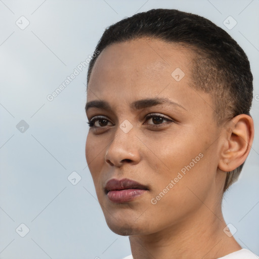 Neutral white young-adult female with short  black hair and brown eyes