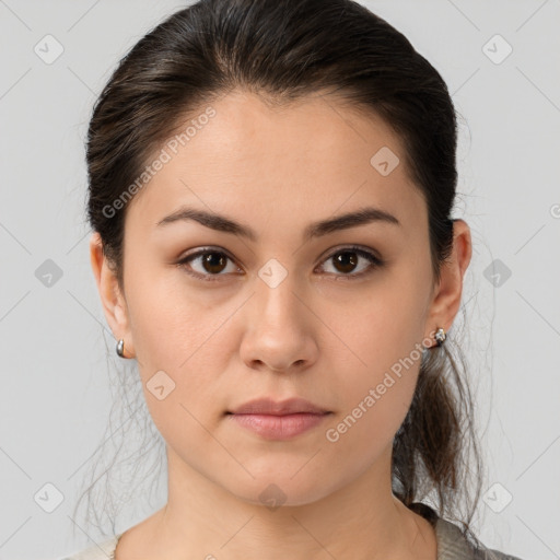 Neutral white young-adult female with medium  brown hair and brown eyes