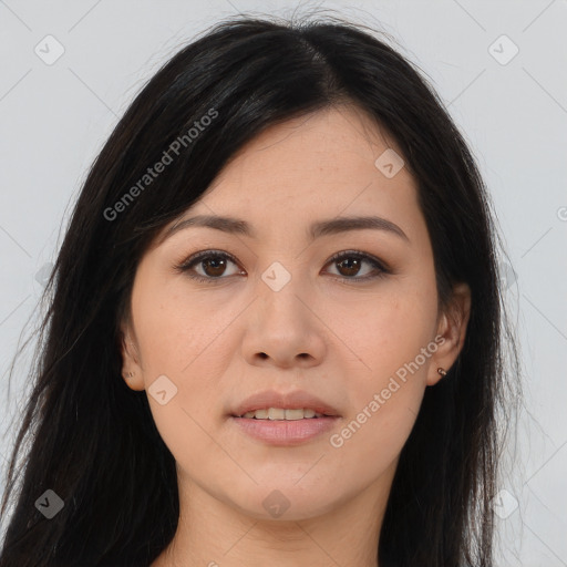 Joyful asian young-adult female with long  brown hair and brown eyes