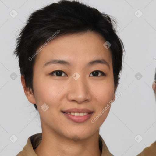 Joyful asian young-adult female with short  brown hair and brown eyes