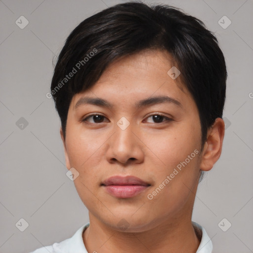 Joyful asian young-adult female with short  brown hair and brown eyes