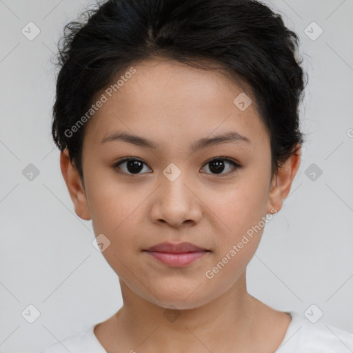 Neutral white young-adult female with short  brown hair and brown eyes