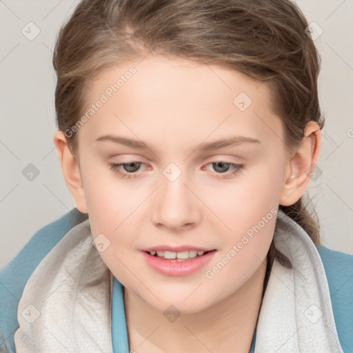 Joyful white child female with medium  brown hair and brown eyes