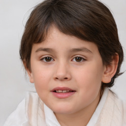 Joyful white child female with medium  brown hair and brown eyes