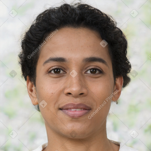 Joyful latino young-adult female with short  brown hair and brown eyes