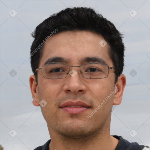 Neutral asian young-adult male with short  black hair and brown eyes