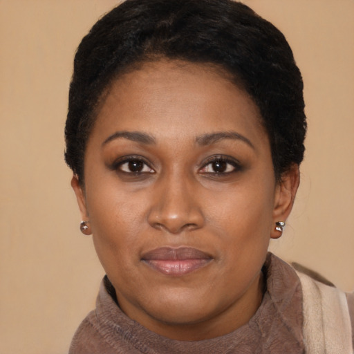 Neutral black young-adult female with short  black hair and brown eyes