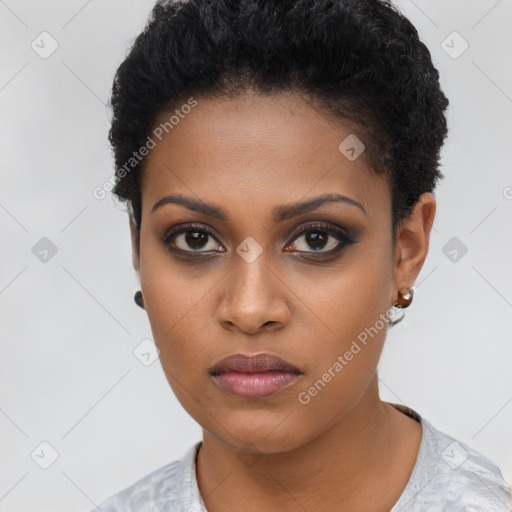 Neutral black young-adult female with short  black hair and brown eyes