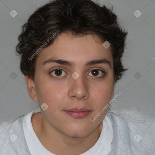 Neutral white young-adult female with short  brown hair and brown eyes