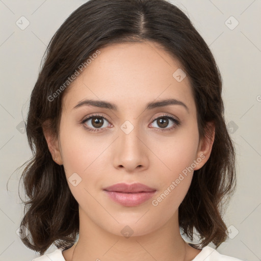 Neutral white young-adult female with medium  brown hair and brown eyes