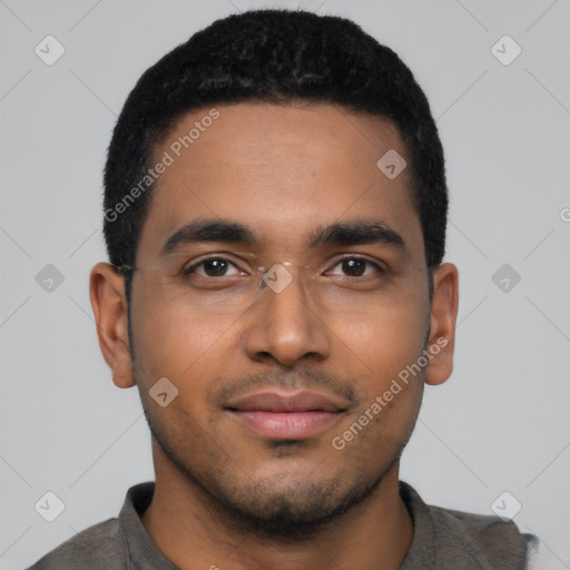 Neutral latino young-adult male with short  black hair and brown eyes