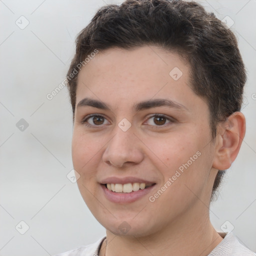 Joyful white young-adult female with short  brown hair and brown eyes