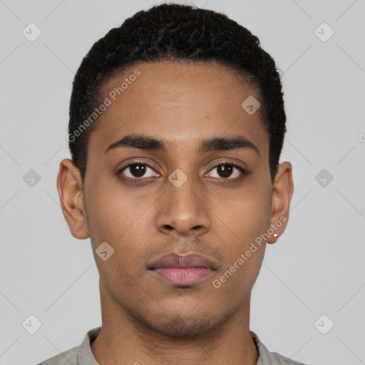 Neutral latino young-adult male with short  black hair and brown eyes