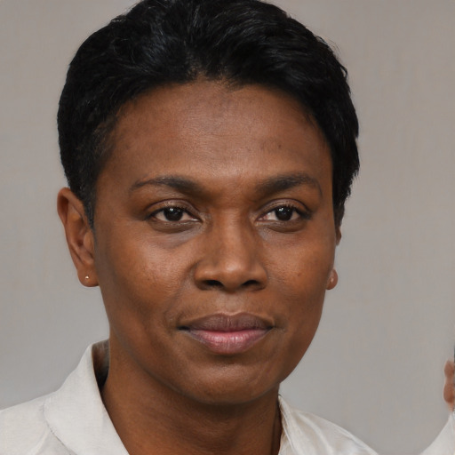 Neutral black young-adult female with short  black hair and brown eyes