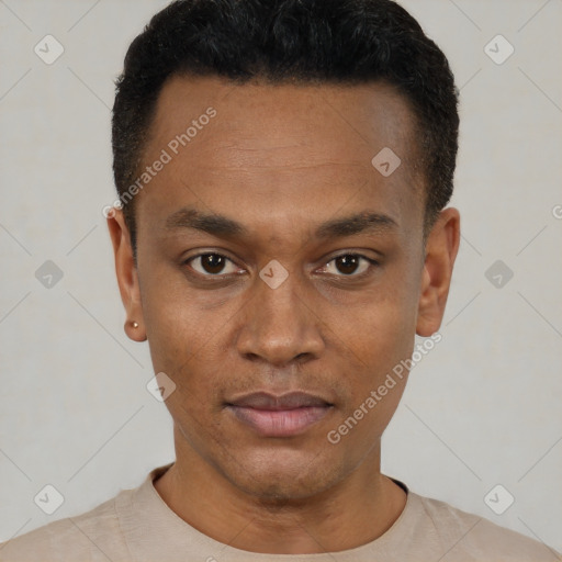 Neutral black young-adult male with short  black hair and brown eyes
