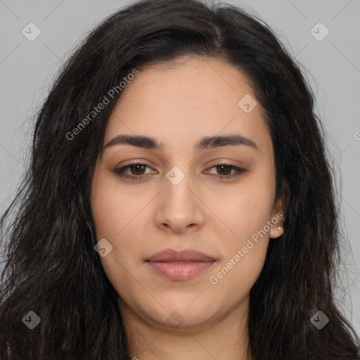 Joyful latino young-adult female with long  brown hair and brown eyes