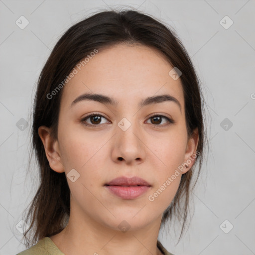 Neutral white young-adult female with medium  brown hair and brown eyes