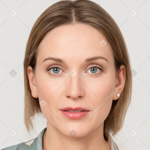 Joyful white young-adult female with medium  brown hair and blue eyes