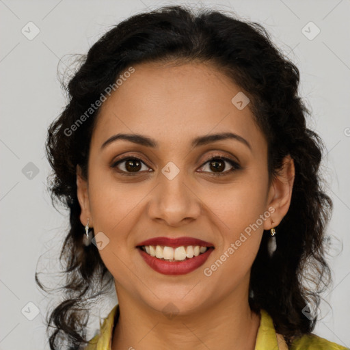 Joyful latino young-adult female with long  brown hair and brown eyes