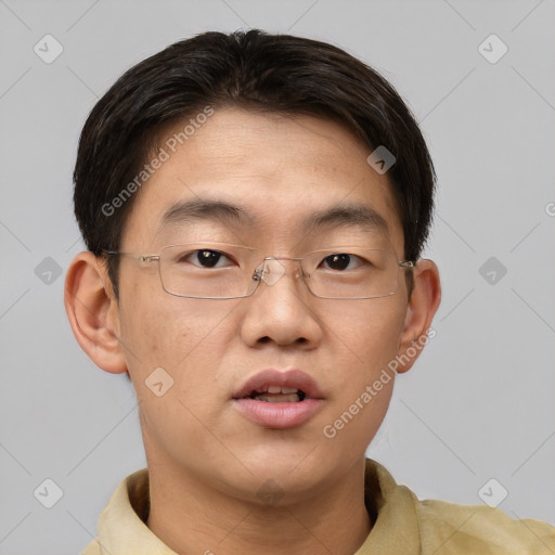 Neutral asian young-adult male with short  brown hair and brown eyes