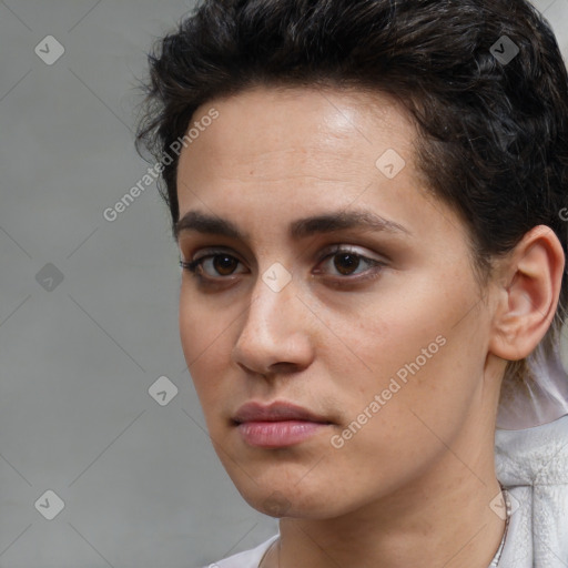 Neutral white young-adult female with short  brown hair and brown eyes