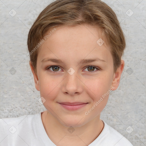 Joyful white child female with short  brown hair and brown eyes