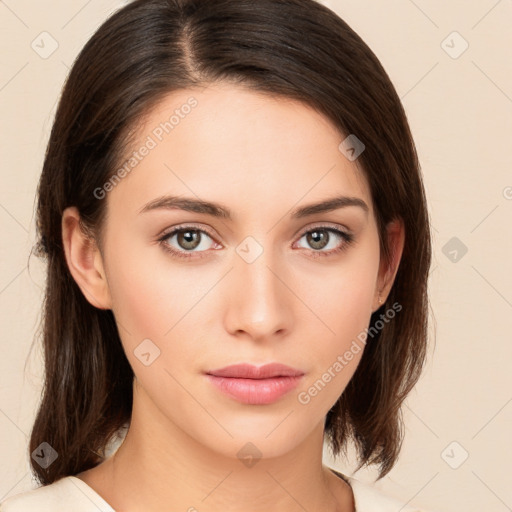 Neutral white young-adult female with medium  brown hair and brown eyes