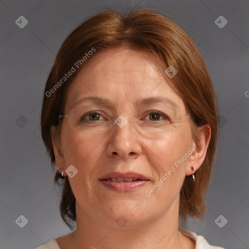 Joyful white adult female with medium  brown hair and brown eyes