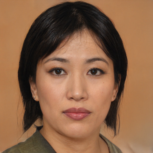 Neutral asian young-adult female with medium  black hair and brown eyes