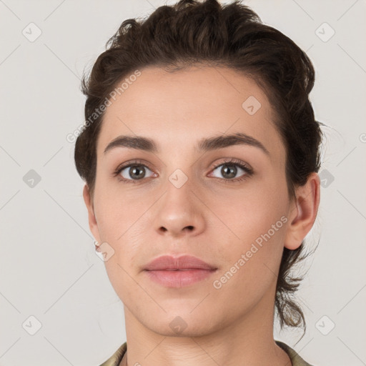 Neutral white young-adult female with short  brown hair and brown eyes