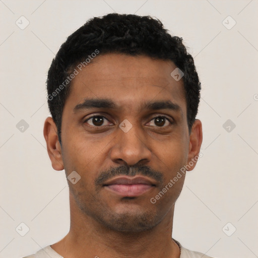 Neutral black young-adult male with short  black hair and brown eyes