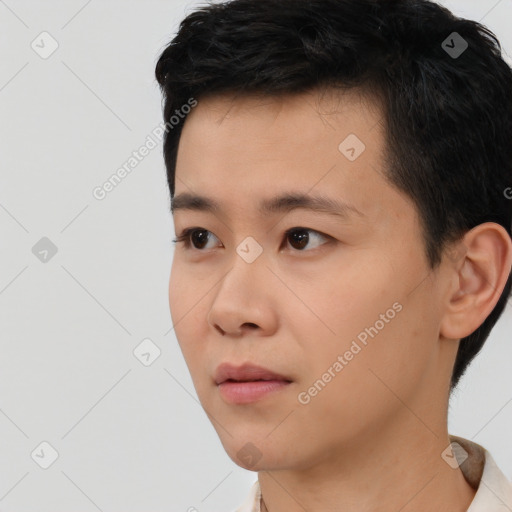 Neutral asian young-adult male with short  black hair and brown eyes