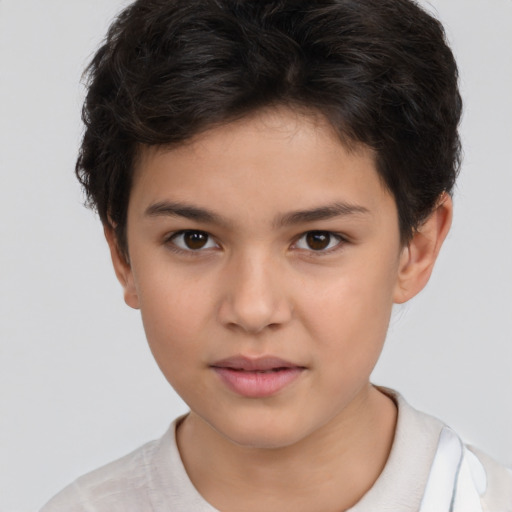 Joyful white child female with short  brown hair and brown eyes