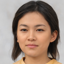 Neutral asian young-adult female with medium  brown hair and brown eyes