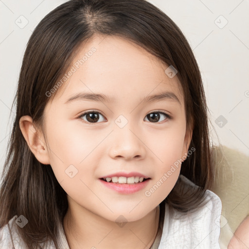 Joyful white child female with medium  brown hair and brown eyes