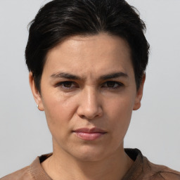 Neutral white young-adult female with short  brown hair and brown eyes