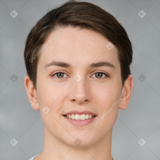 Joyful white young-adult female with short  brown hair and brown eyes