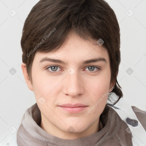 Neutral white young-adult female with short  brown hair and brown eyes