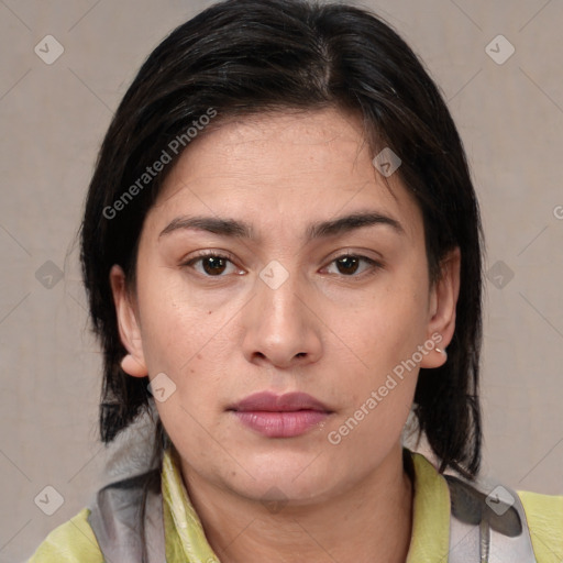 Neutral asian young-adult female with medium  brown hair and brown eyes