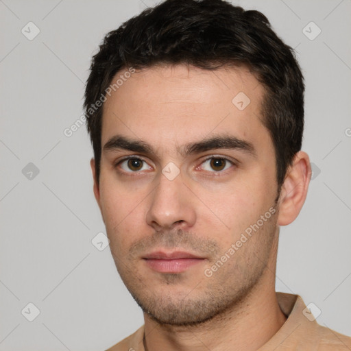 Neutral white young-adult male with short  brown hair and brown eyes